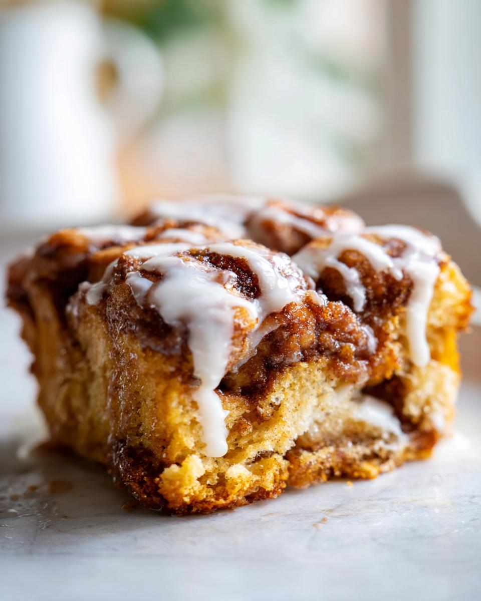 A close-up, appetizing shot of a square serving of cinnamon roll casserole drizzled with white icing.