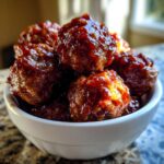 Close-up of sticky, glazed cocktail meatballs piled high in a small white bowl.