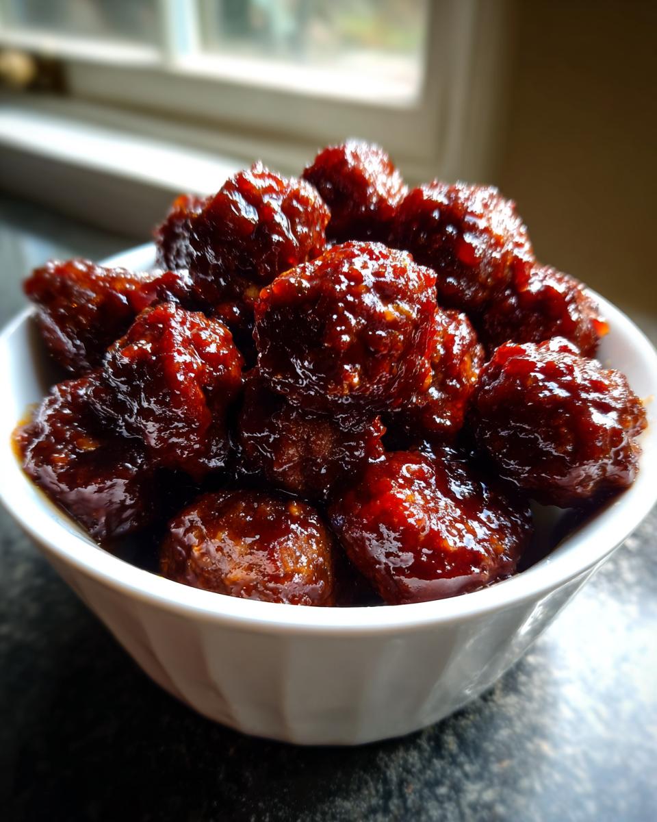 A white bowl filled with rich, dark, glazed cocktail meatballs, set against a dark counter.