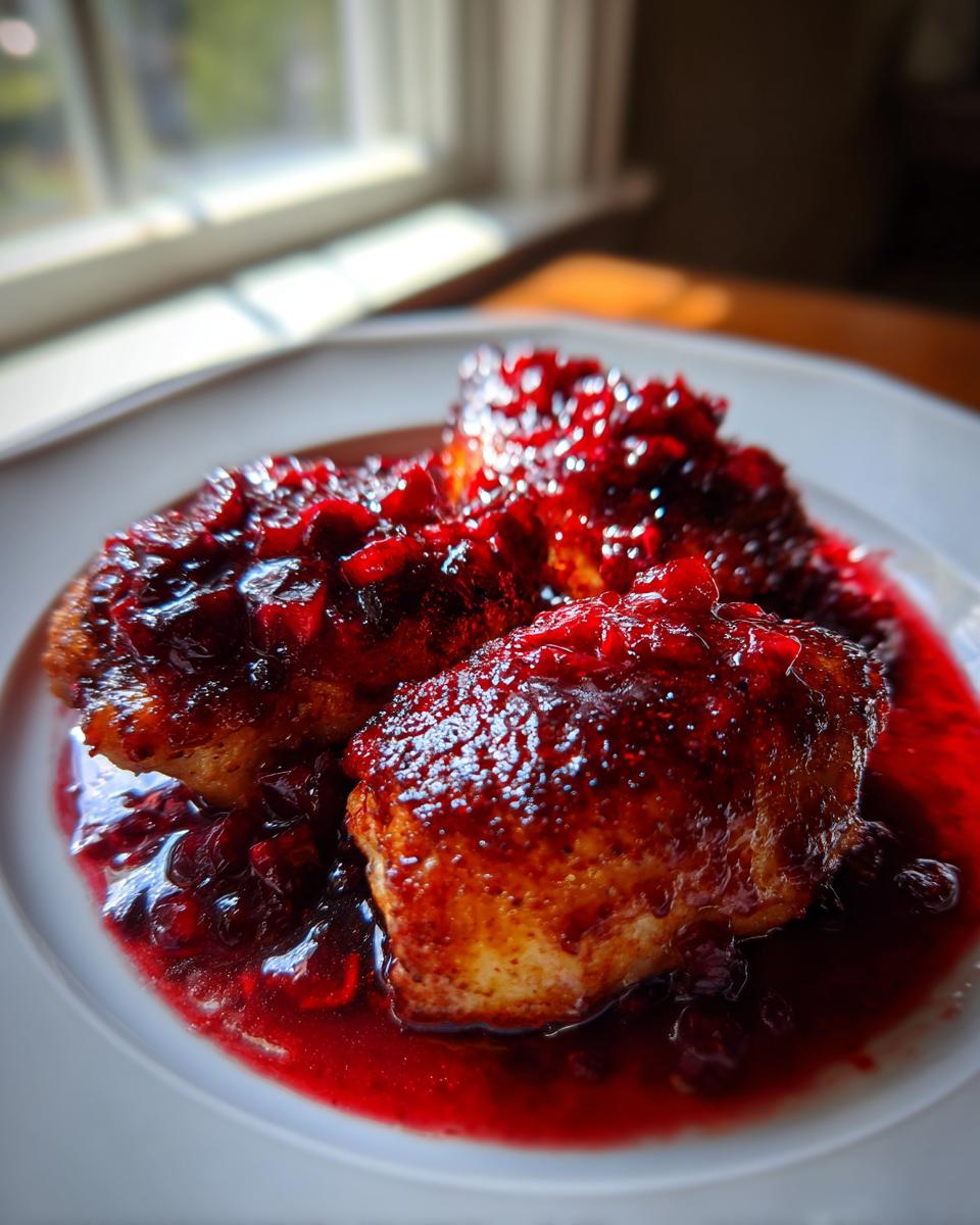 Close-up of three seared chicken breasts smothered in a rich, glossy cranberry sauce, ready to serve as cranberry chicken.