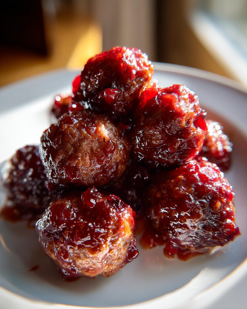 A close-up shot of several shiny, glazed cranberry meatballs piled high on a white plate.
