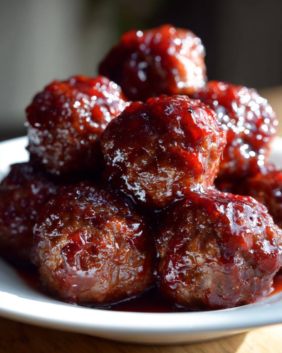 A close-up, appetizing shot of several glossy cranberry meatballs stacked on a white plate, coated in a thick, dark red glaze.