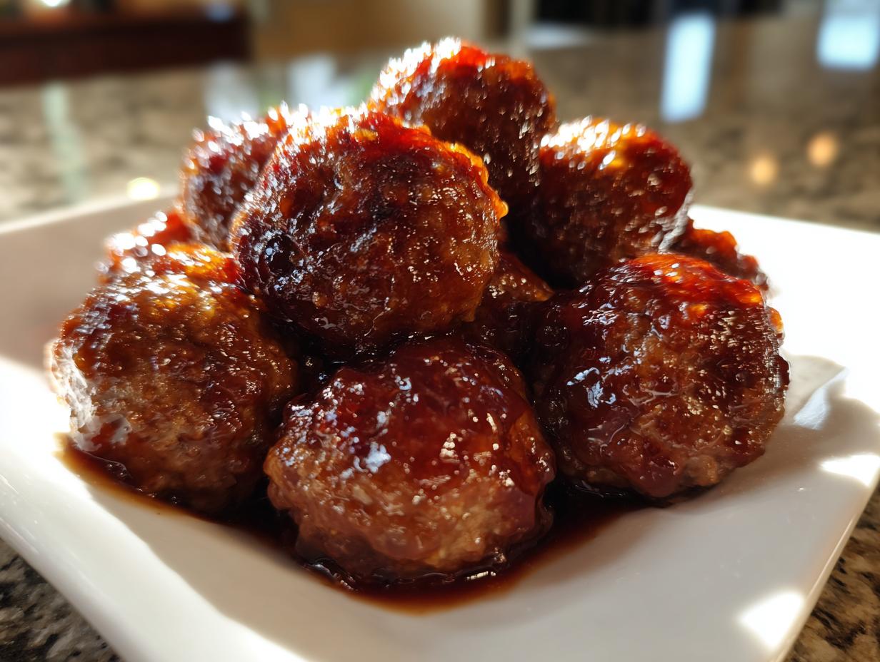 Close-up of several glossy, glazed cranberry meatballs piled on a white serving dish.
