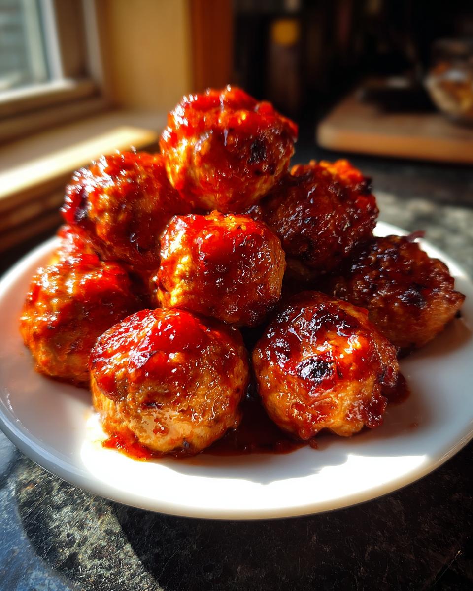 A stack of glistening, saucy cranberry meatballs piled high on a white plate, catching the sunlight.