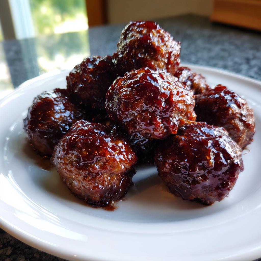 A close-up of several glistening Grape Jelly Meatballs piled high on a white serving plate.