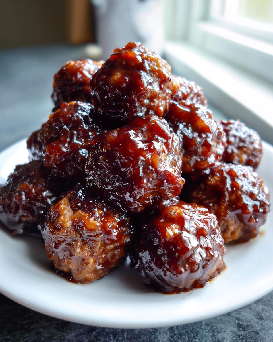 A close-up stack of glistening, saucy grape jelly meatballs piled high on a small white plate.
