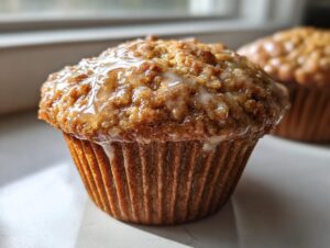 Close-up of a freshly baked honey bran muffin topped with a shiny, dripping honey glaze.