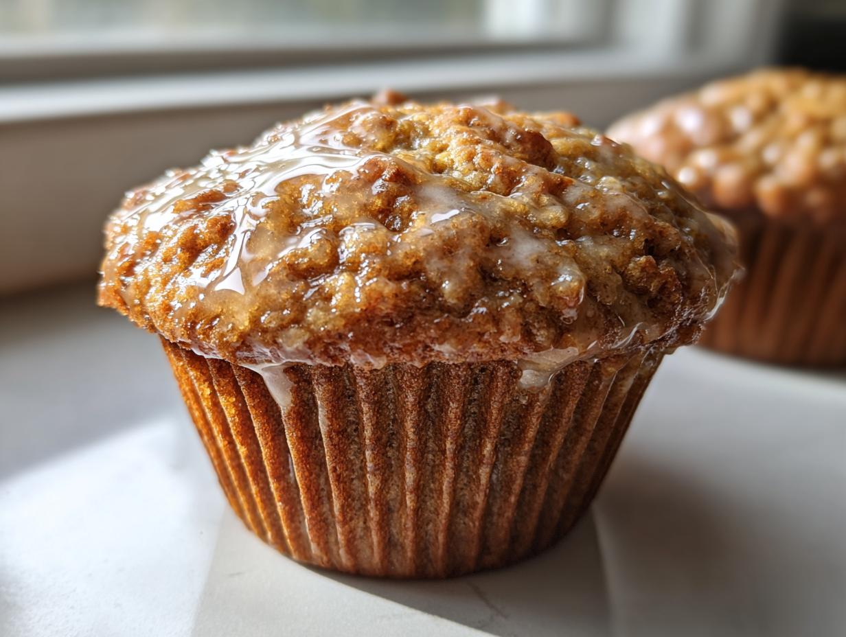 Close-up of a freshly baked honey bran muffin topped with a shiny, dripping honey glaze.