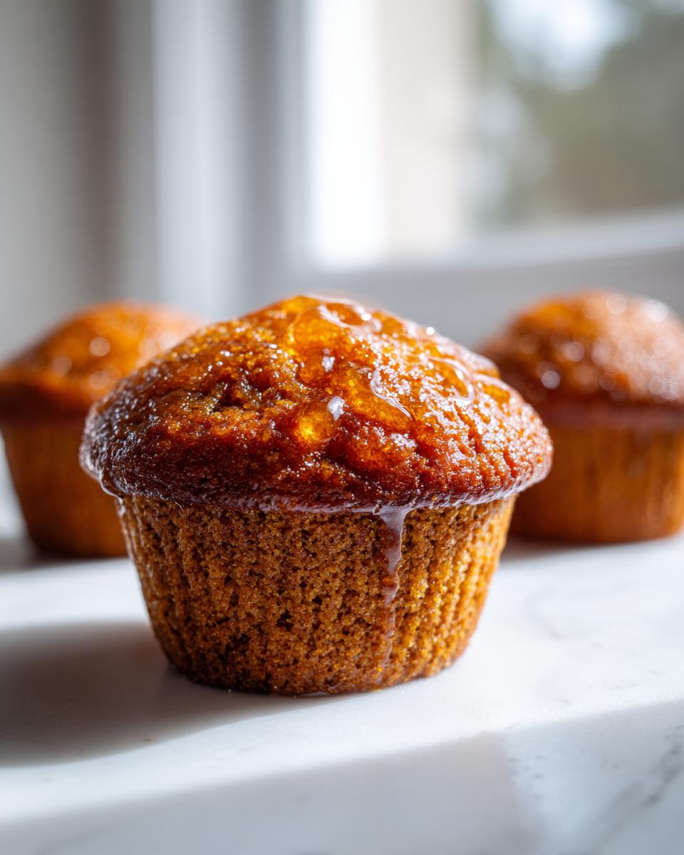 Close-up of a moist honey bran muffin with a shiny, dripping honey glaze on top.