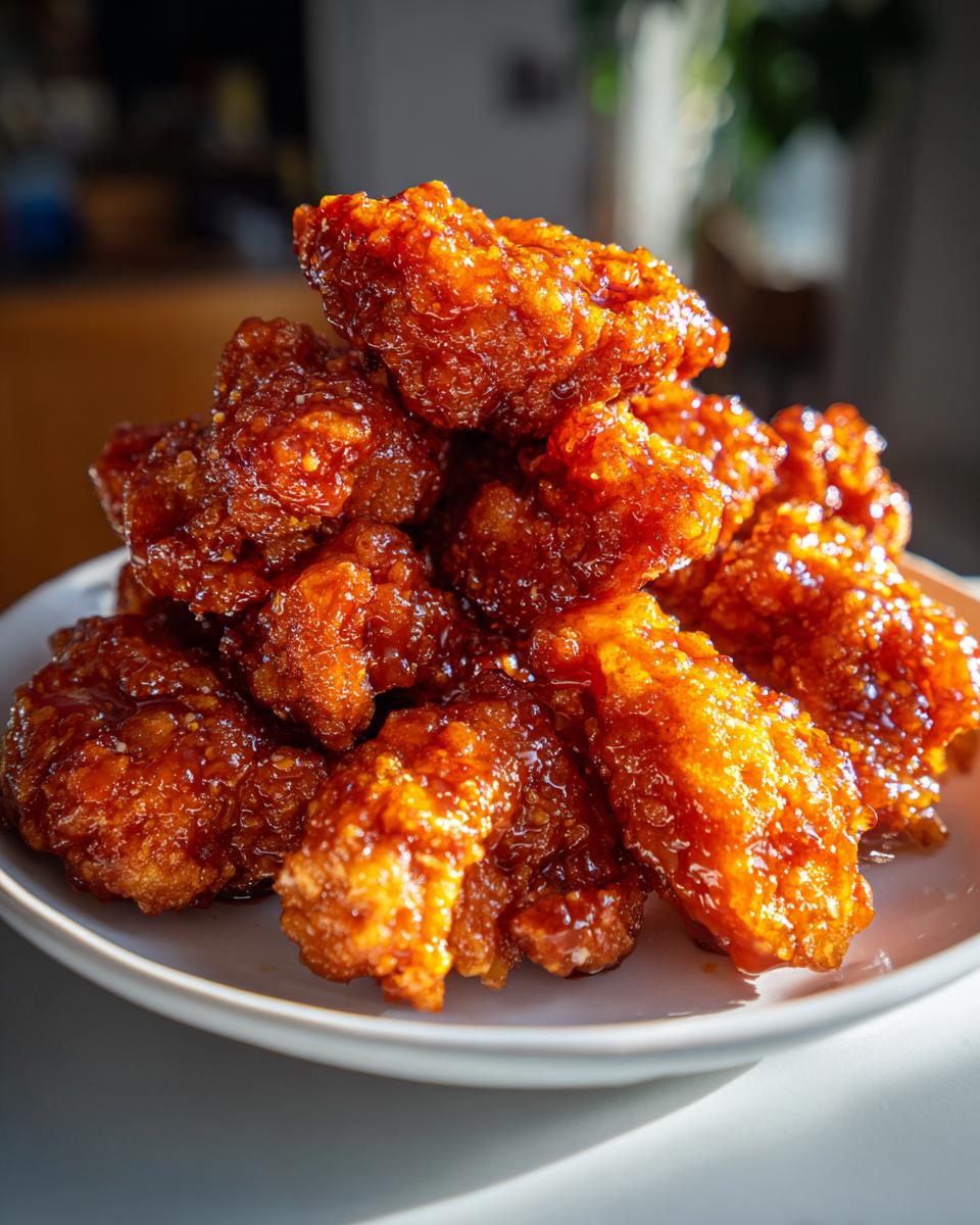 A pile of crispy, deep-fried chicken pieces coated in a thick, glossy orange sauce, ready for an orange chicken recipe.