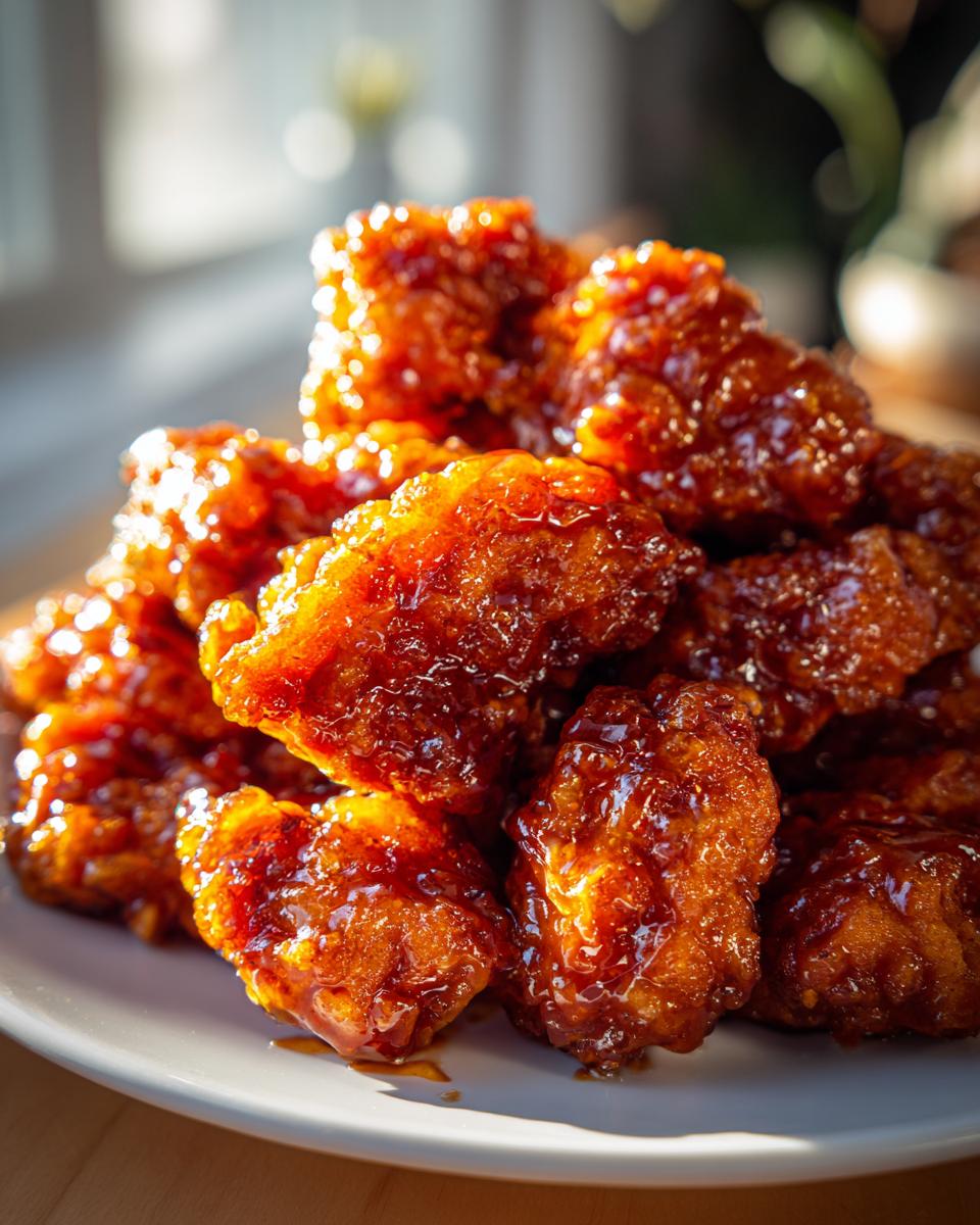 A close-up, appetizing shot of crispy pieces of orange chicken recipe coated in a thick, glossy orange sauce.