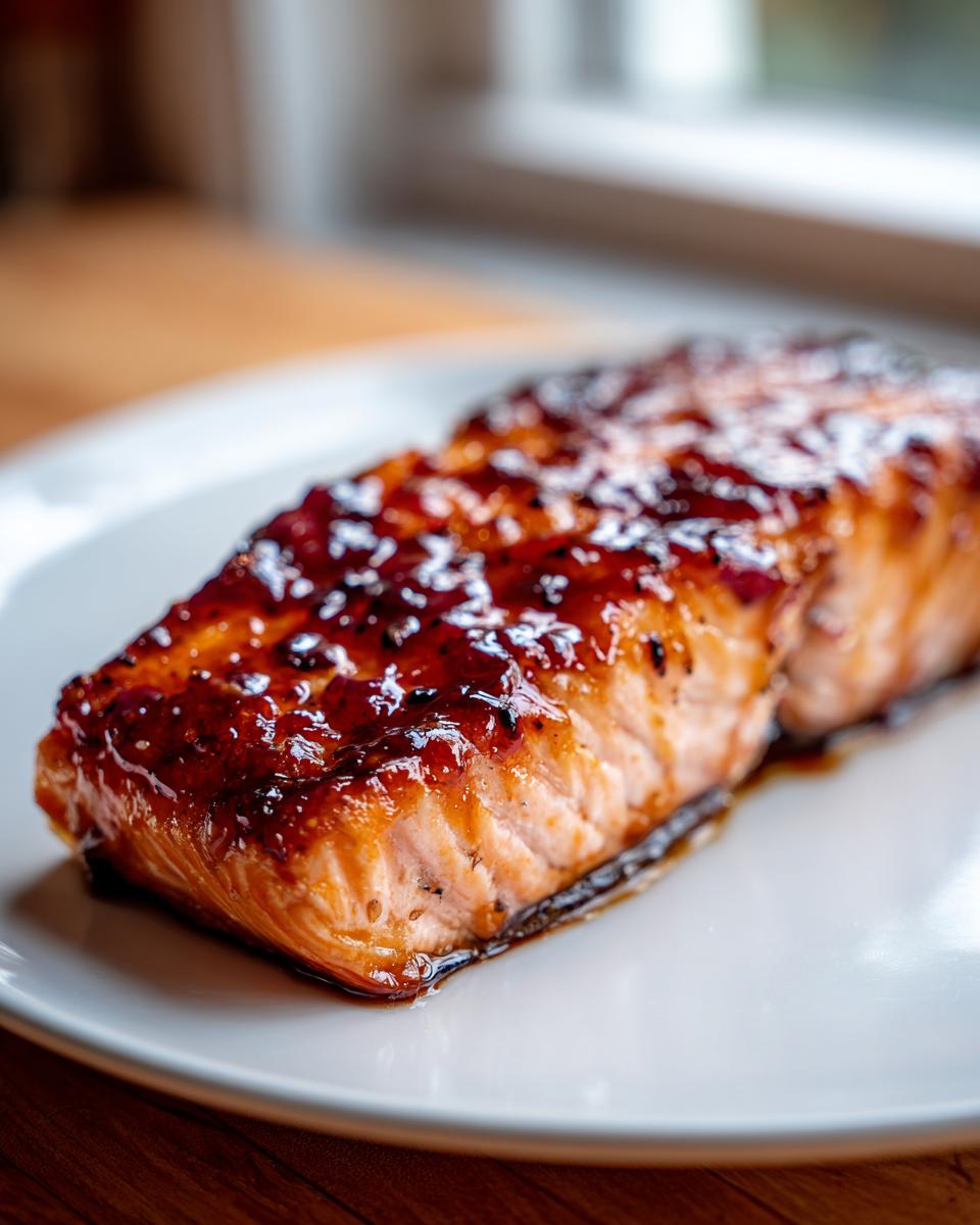 Close-up of a perfectly cooked salmon fillet topped with a thick, glossy, dark glaze.