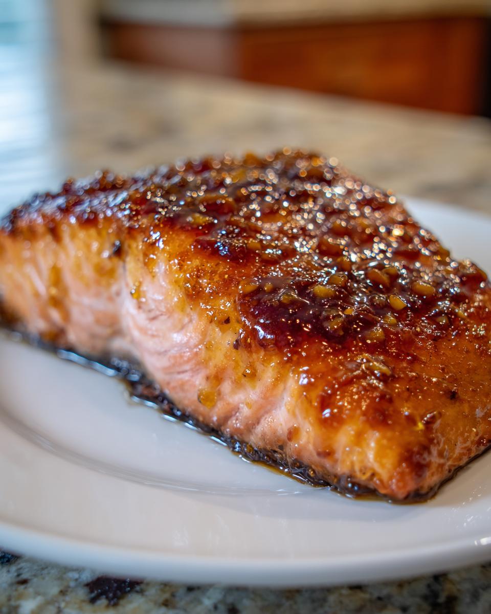 Close-up of a perfectly cooked salmon fillet with a shiny, dark glaze on a white plate.