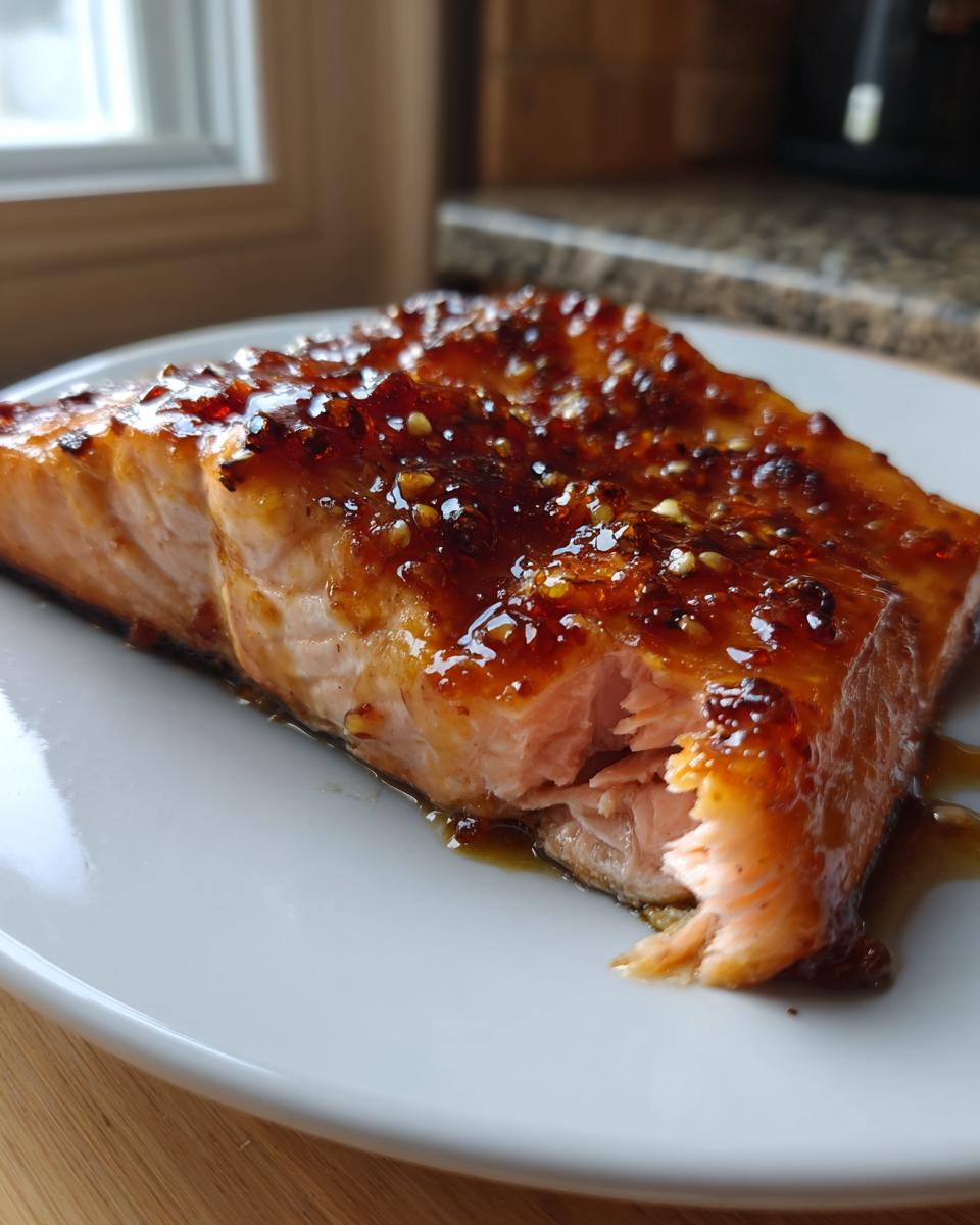 Close-up of a perfectly cooked salmon fillet with a shiny, dark glaze, resting on a white plate.