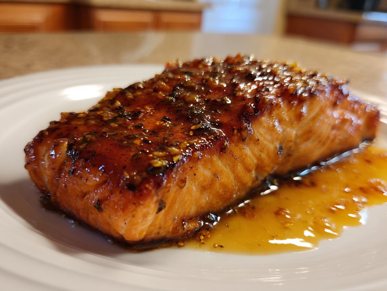 A perfectly cooked, glazed salmon fillet resting on a white plate with extra sauce.