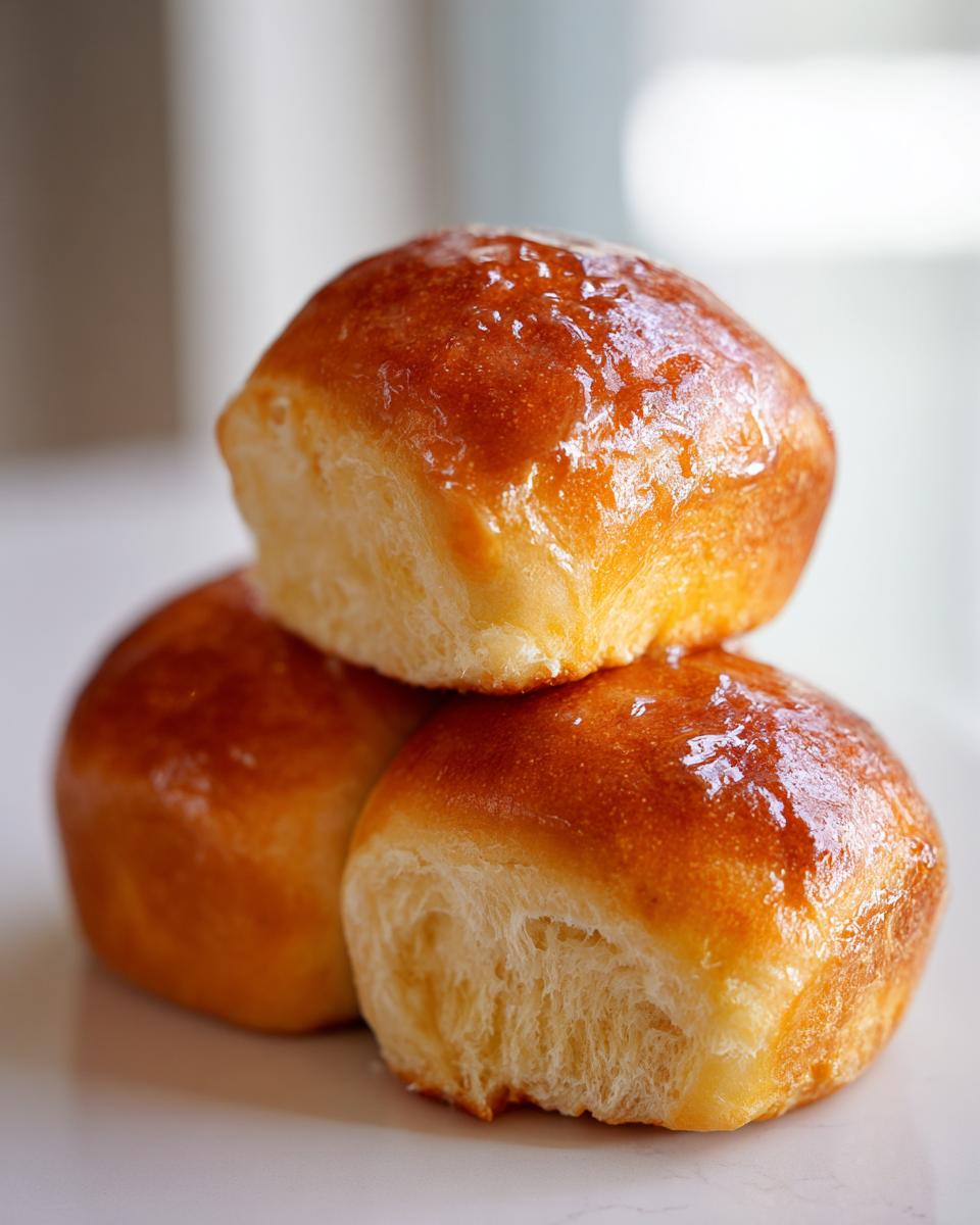 Close-up of three fluffy, golden-brown sweet potato rolls stacked, featuring a shiny glaze.