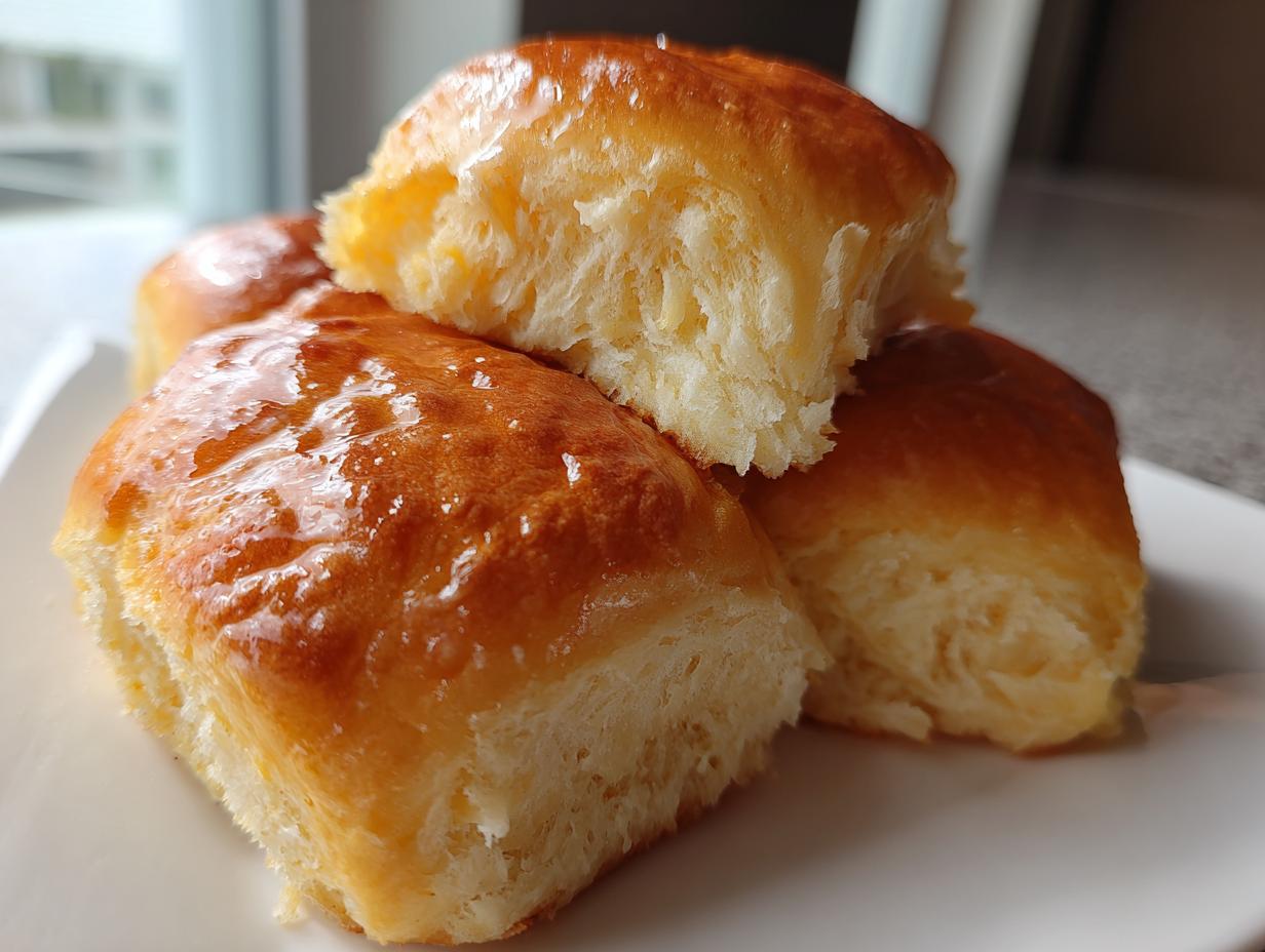 A close-up stack of four golden brown, glazed sweet potato rolls showing their soft, fluffy interior texture.