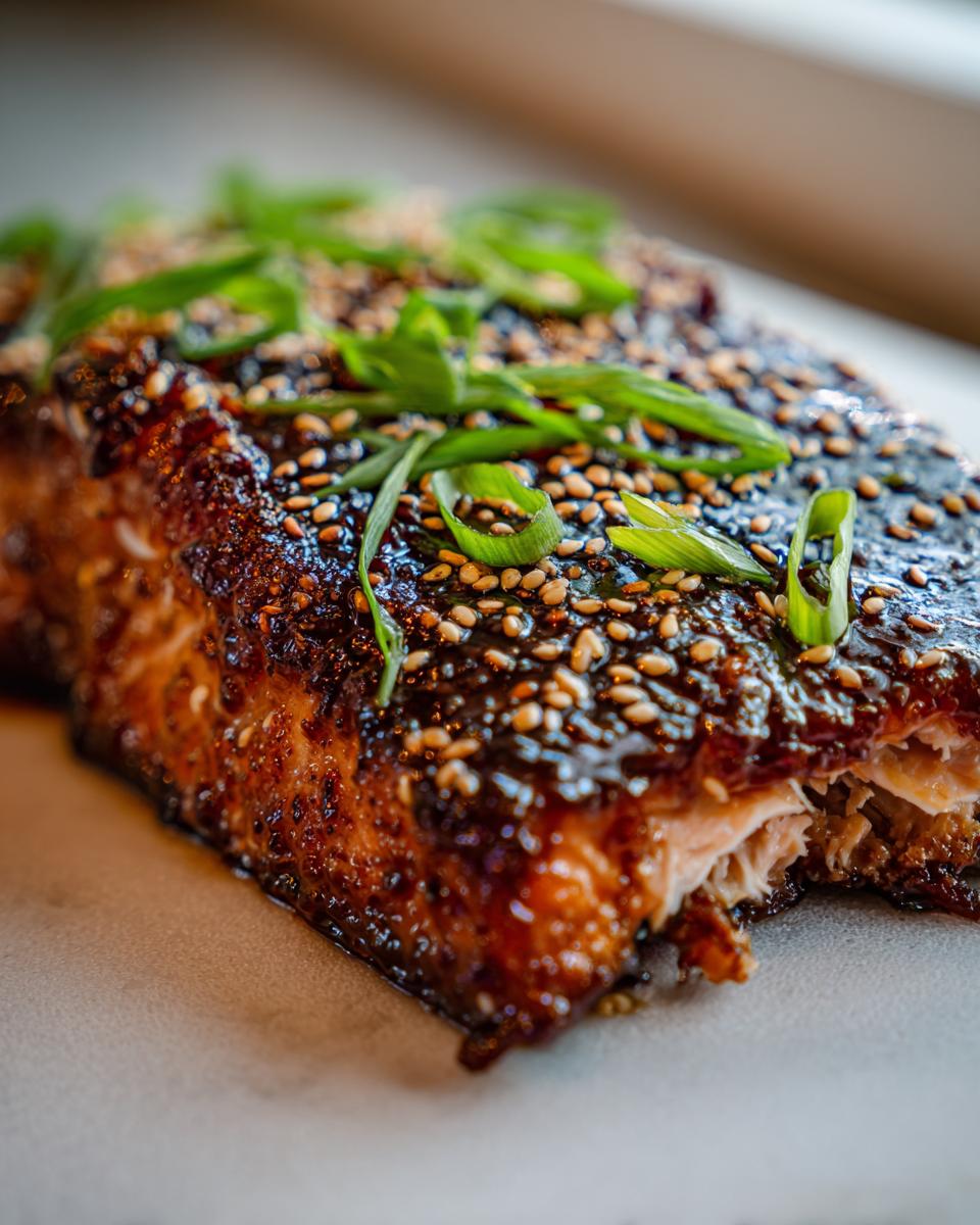 Close-up of a perfectly cooked piece of teriyaki salmon, glazed dark brown and topped with sesame seeds and sliced green onions.