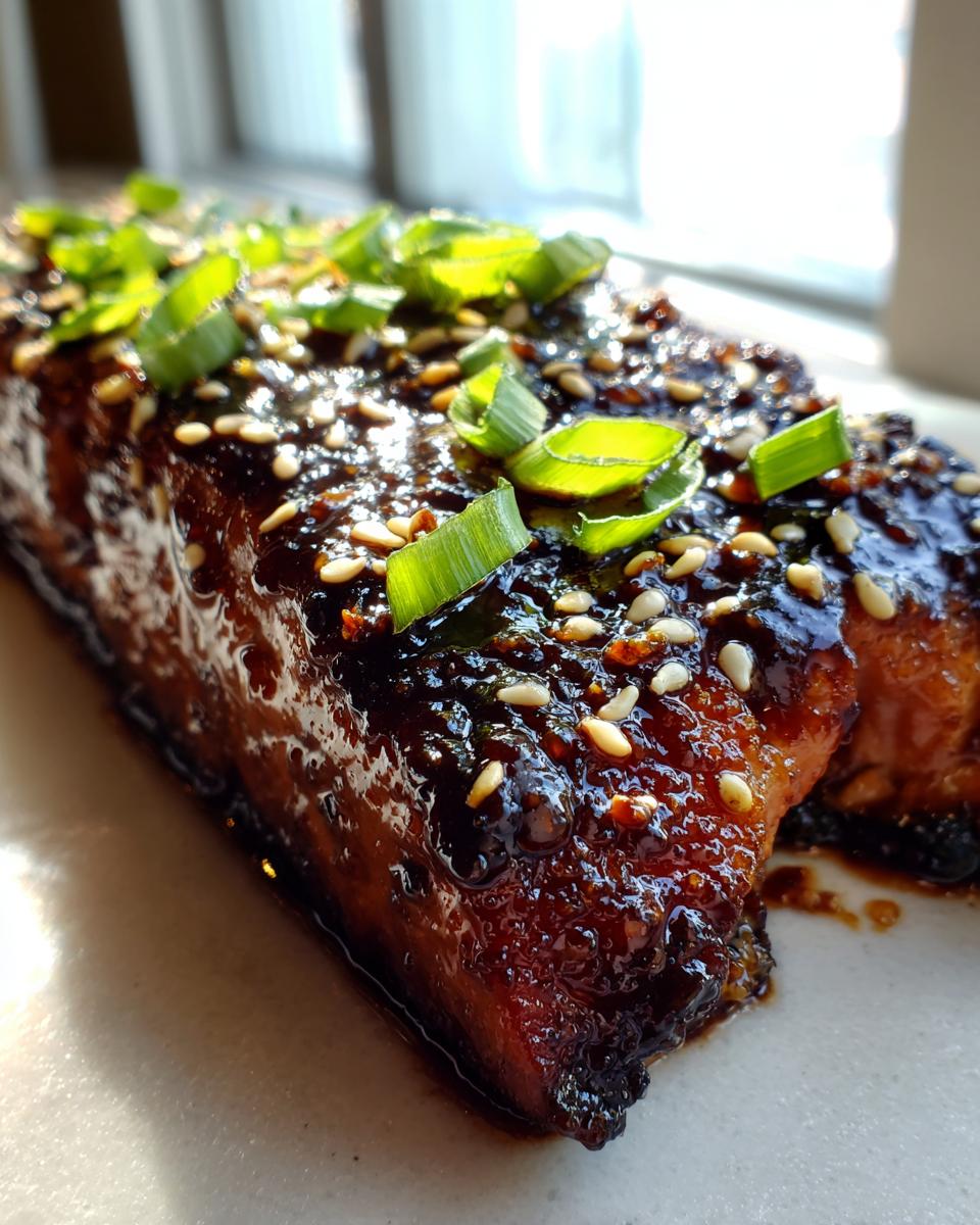 Close-up of a glistening piece of teriyaki salmon coated in dark glaze, topped with sesame seeds and fresh green onions.