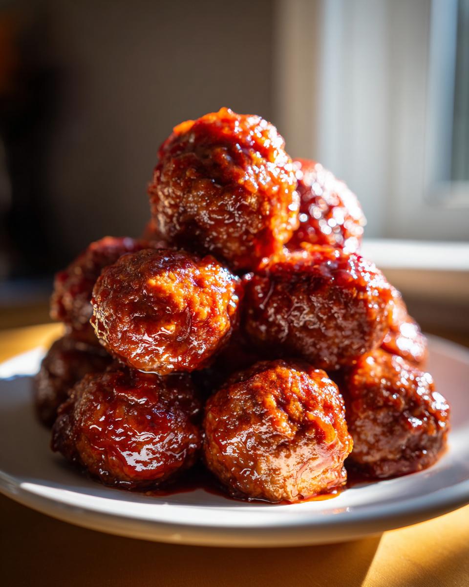 A close-up of a pile of glistening cranberry meatballs coated in a rich, dark sauce, served on a white plate.