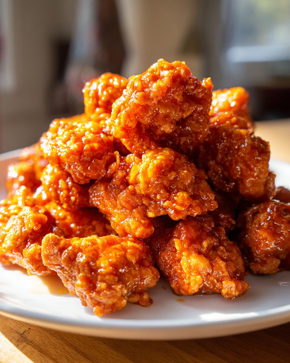A close-up of crispy chicken pieces coated in a thick, shiny orange sauce, central to an orange chicken recipe.