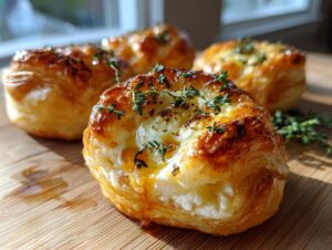 Close-up of baked goat cheese and honey bites in flaky pastry, topped with fresh thyme.