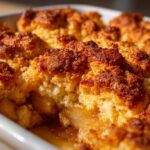 A close-up, appetizing view of a freshly baked apple cobbler showing the rich, caramelized topping and soft apple filling.