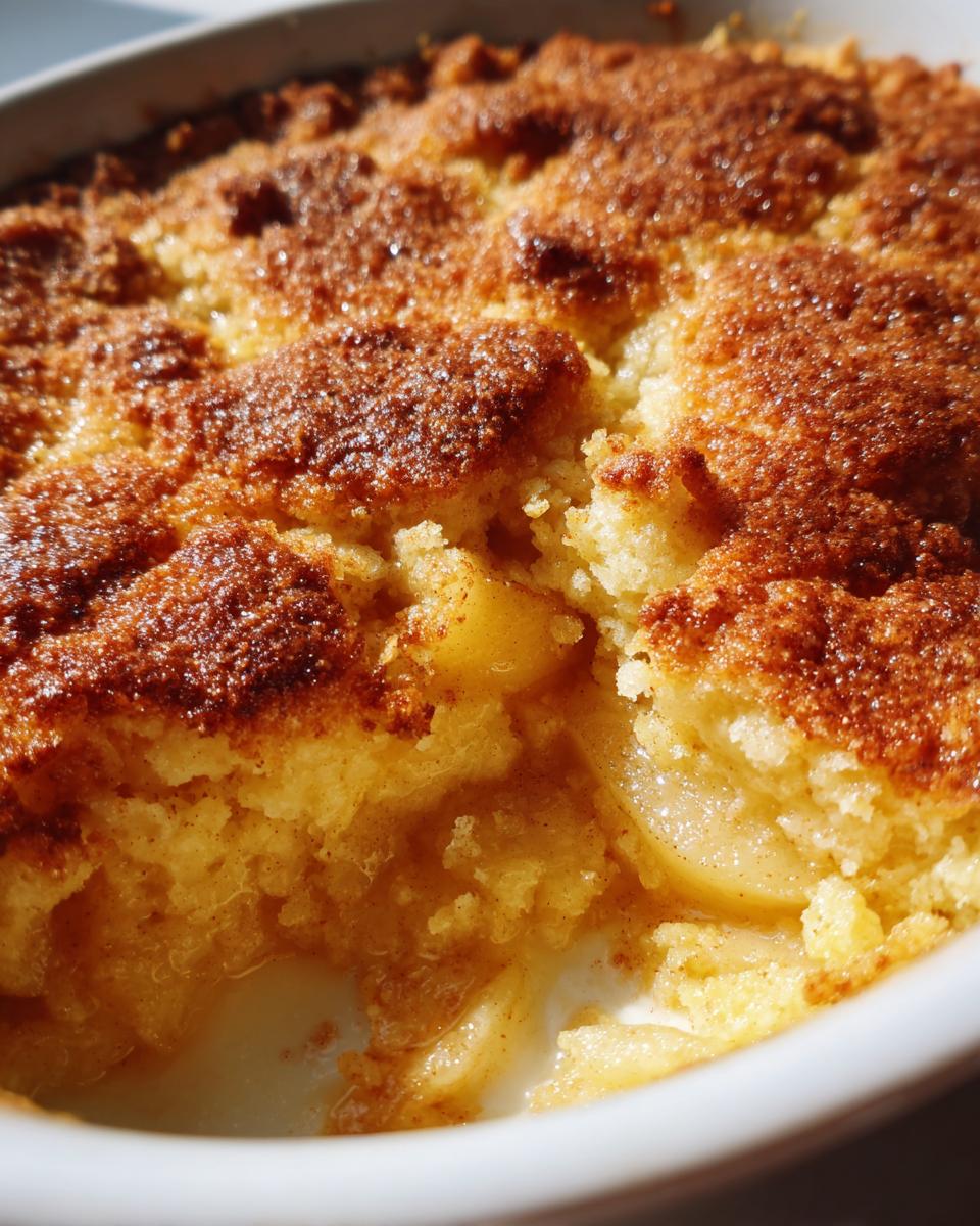 Close-up of a freshly baked apple cobbler with a deeply browned, sugary crust and visible soft apple filling underneath.