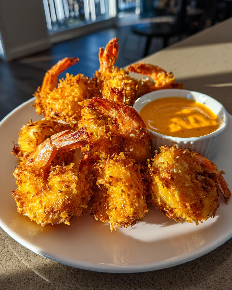 Plate of perfectly fried, golden brown coconut shrimp served with a small bowl of orange dipping sauce.