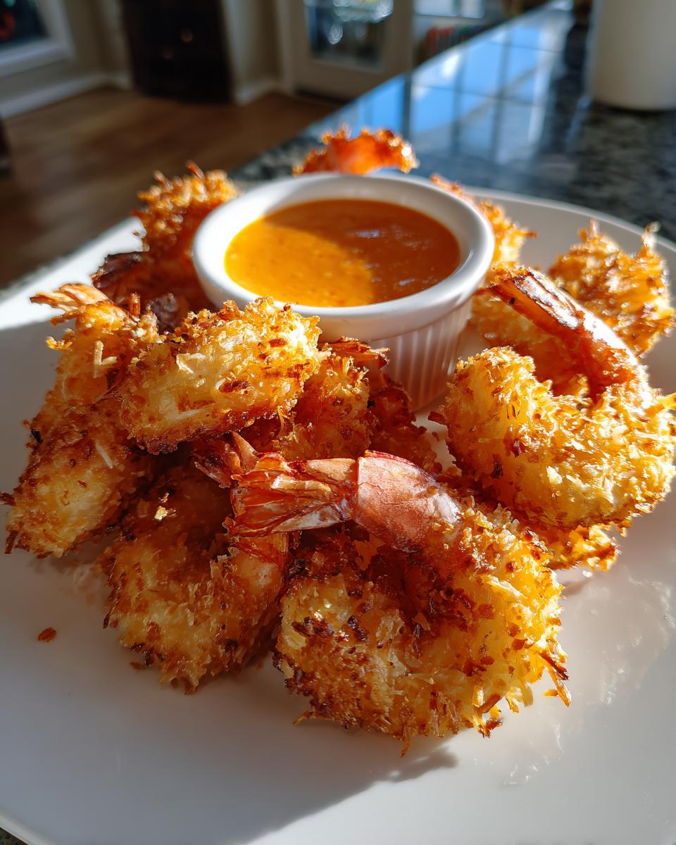 A plate of perfectly fried, crispy coconut shrimp served with a small bowl of orange dipping sauce.