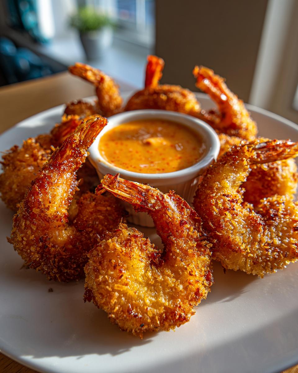 Close-up of golden brown, crispy coconut shrimp arranged around a small bowl of orange dipping sauce.