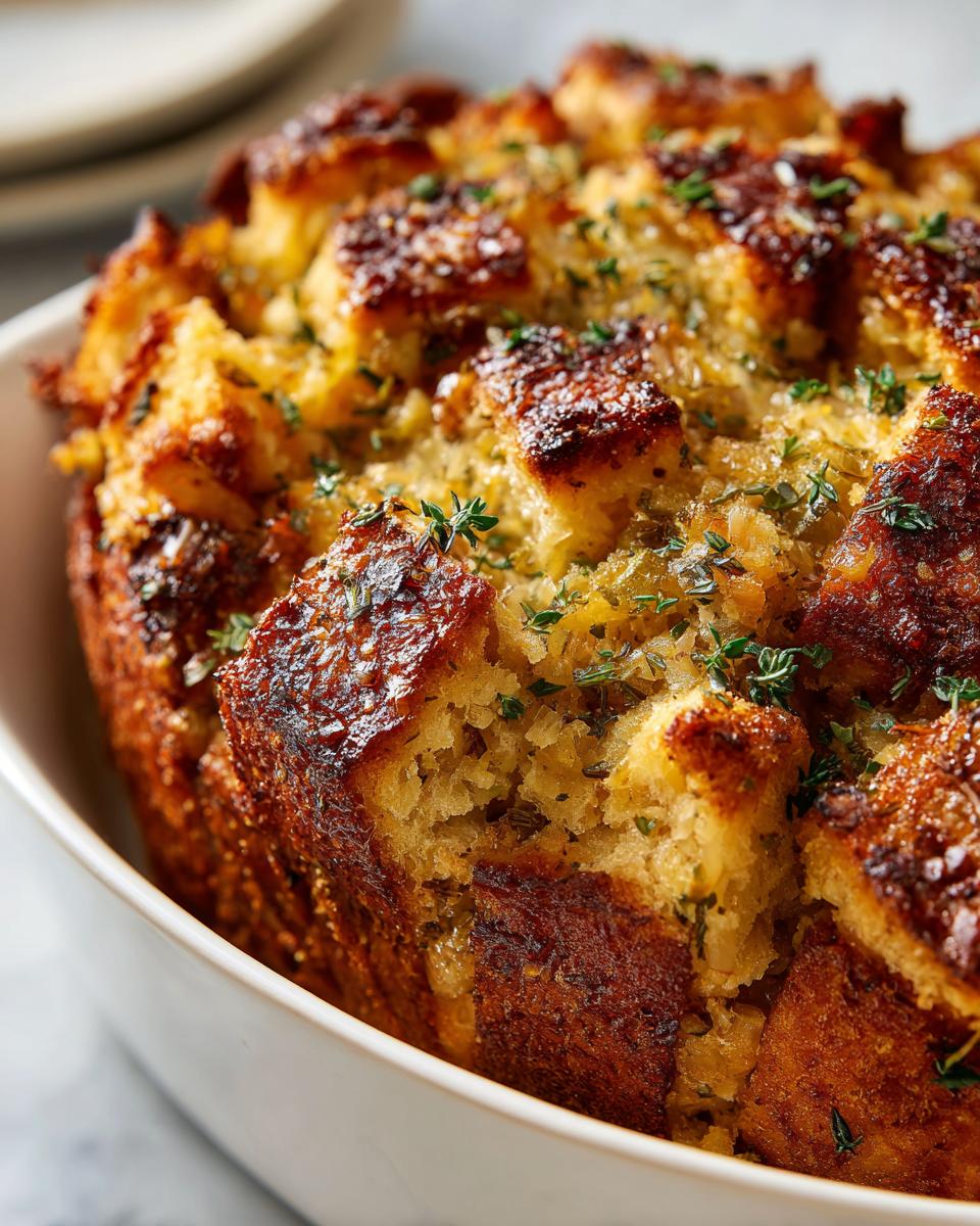 Close-up of golden brown, herb-topped crock pot stuffing baked until crispy in a white serving bowl.