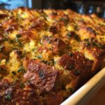 Close-up of golden brown, crispy-topped crock pot stuffing baked in a white dish, sprinkled with fresh parsley.