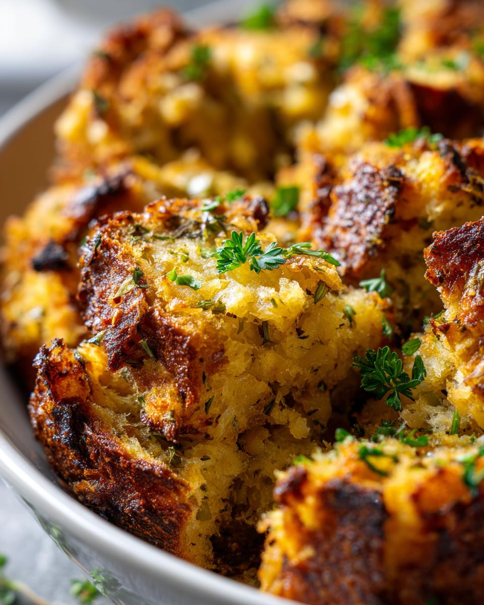 Close-up of moist, golden brown crock pot stuffing topped with fresh parsley.