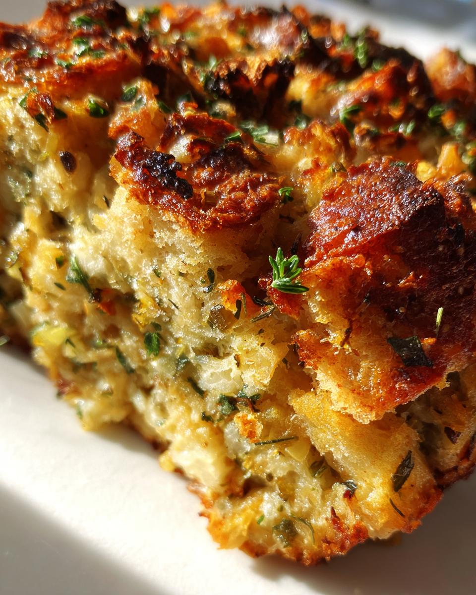 Close-up of a perfectly browned, herb-flecked slice of moist crock pot stuffing.