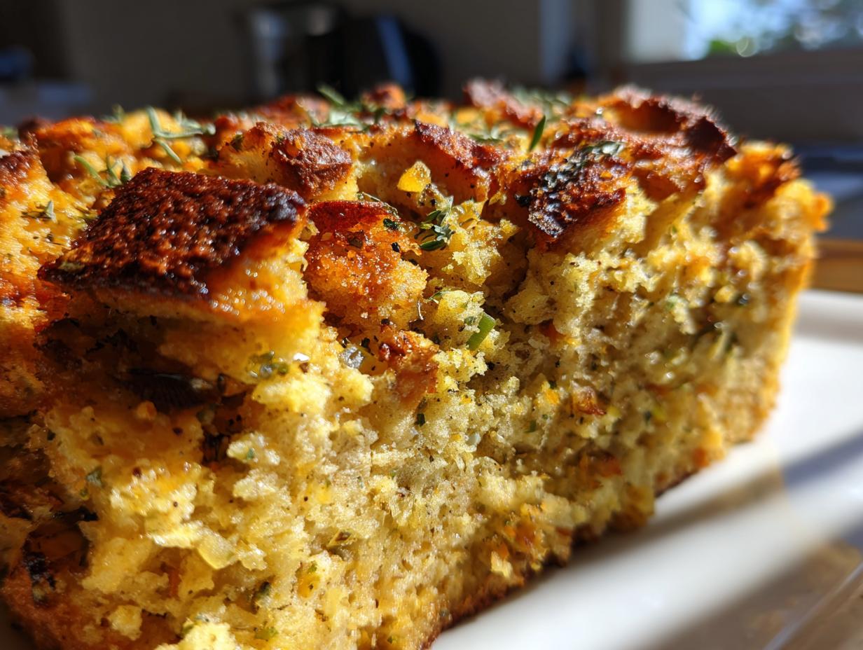 Close-up of a moist, golden slice of crock pot stuffing with crispy, herb-topped crust.