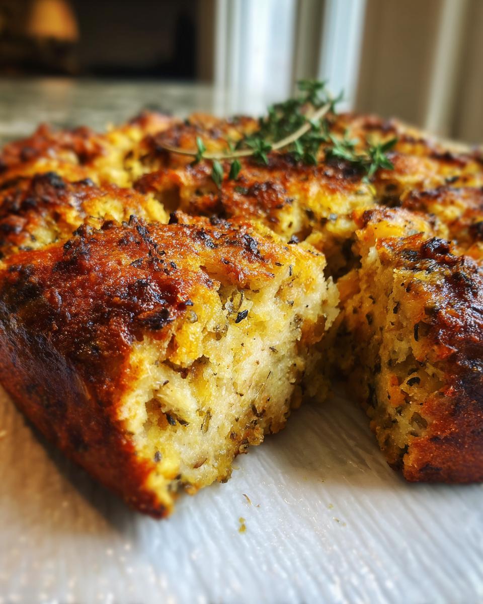 Close-up of golden brown crock pot stuffing, cut into squares and garnished with fresh thyme sprigs.