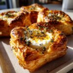 Close-up of golden baked goat cheese and honey bites topped with fresh thyme.