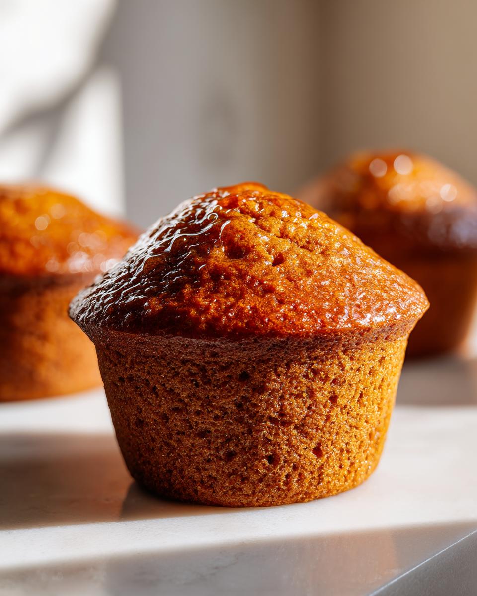 Close-up of a freshly baked, golden brown honey bran muffin with a shiny, sticky glaze on top.