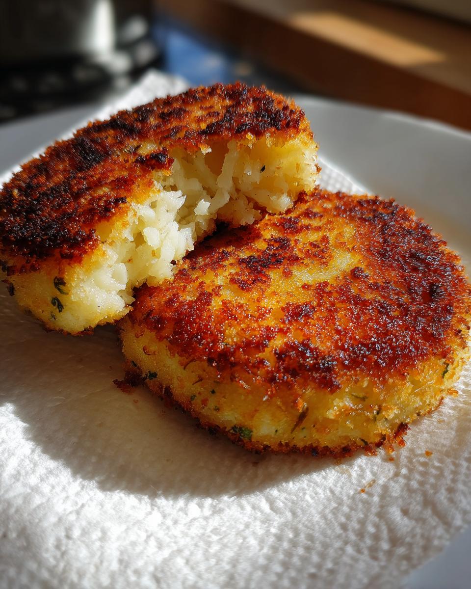 Two crispy, golden brown mashed potato cakes resting on a paper towel, one broken open revealing the fluffy interior.