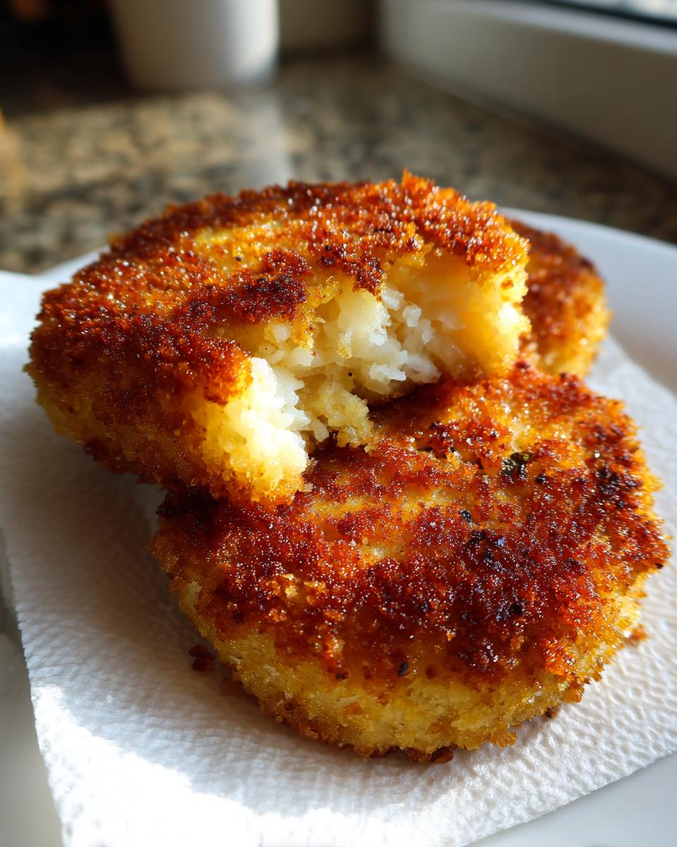 Close-up of two crispy, golden brown mashed potato cakes resting on a paper towel, one broken to show the fluffy interior.