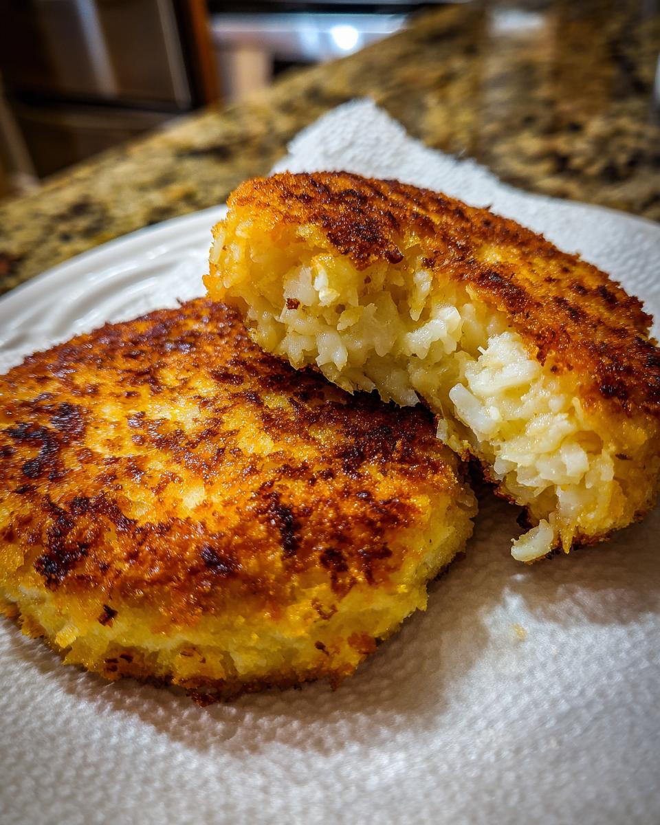 Two crispy, golden brown mashed potato cakes resting on a paper towel, one cut in half showing the fluffy interior.