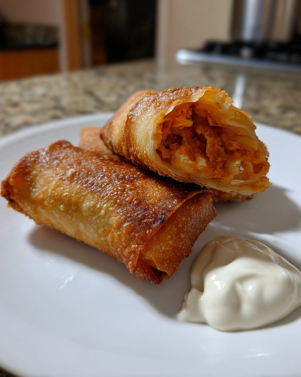 Close-up of golden brown, crispy peach cobbler egg rolls, one cut open to show the filling, served with a dollop of cream.