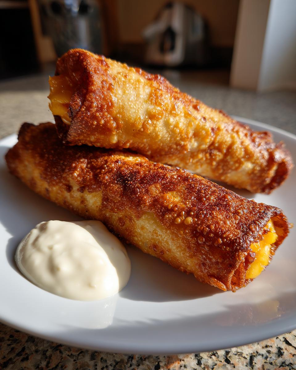 Two crispy, golden brown peach cobbler egg rolls served on a white plate with a side of creamy dipping sauce.