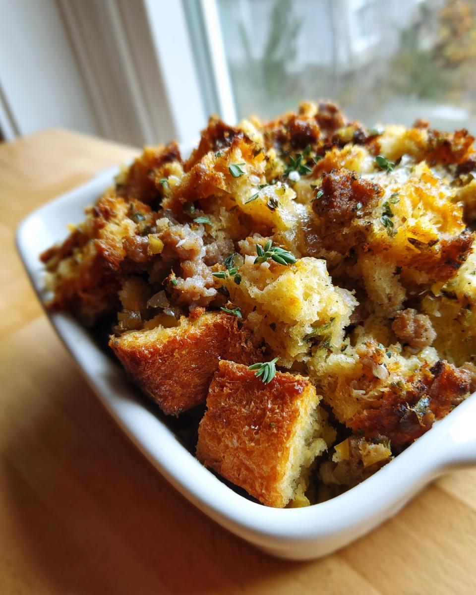 Close-up of baked sausage stuffing with crispy bread chunks and herbs in a white dish.