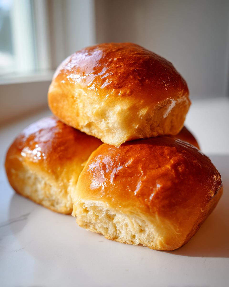 A stack of three glossy, golden brown sweet potato rolls with a soft interior texture visible.