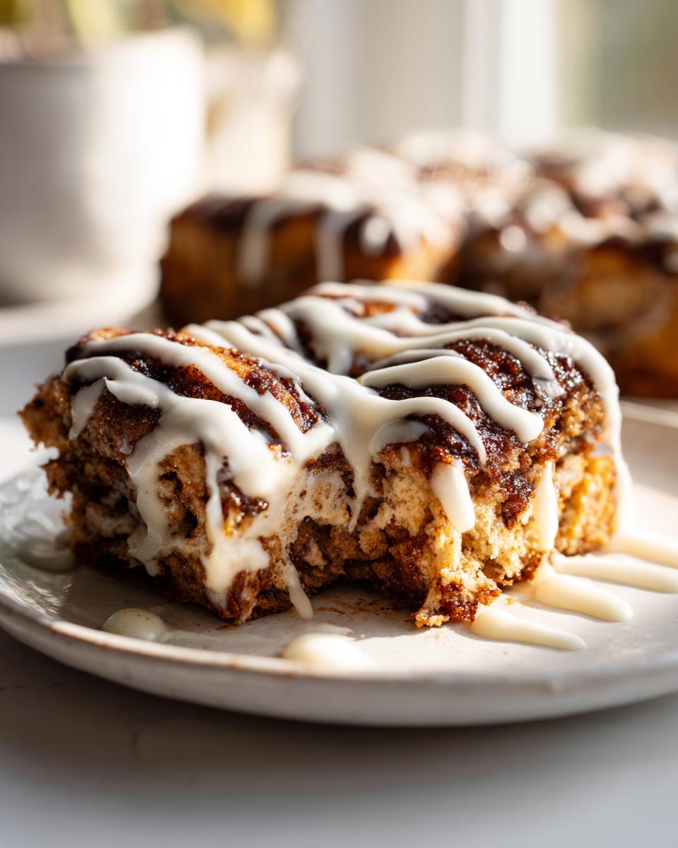 Close-up of a gooey, baked slice of cinnamon roll casserole drizzled heavily with white cream cheese icing.