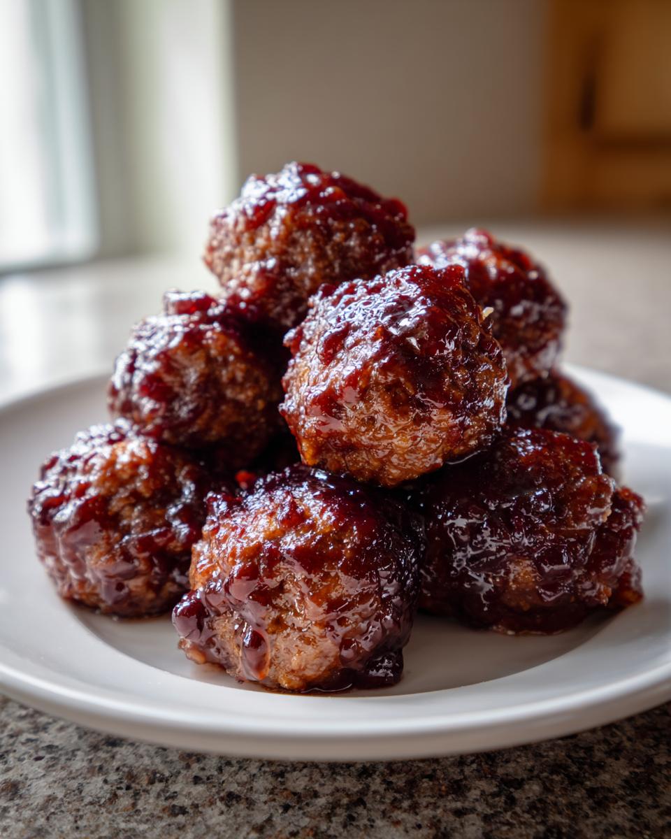 A close-up of several glistening grape jelly meatballs piled high on a white plate.