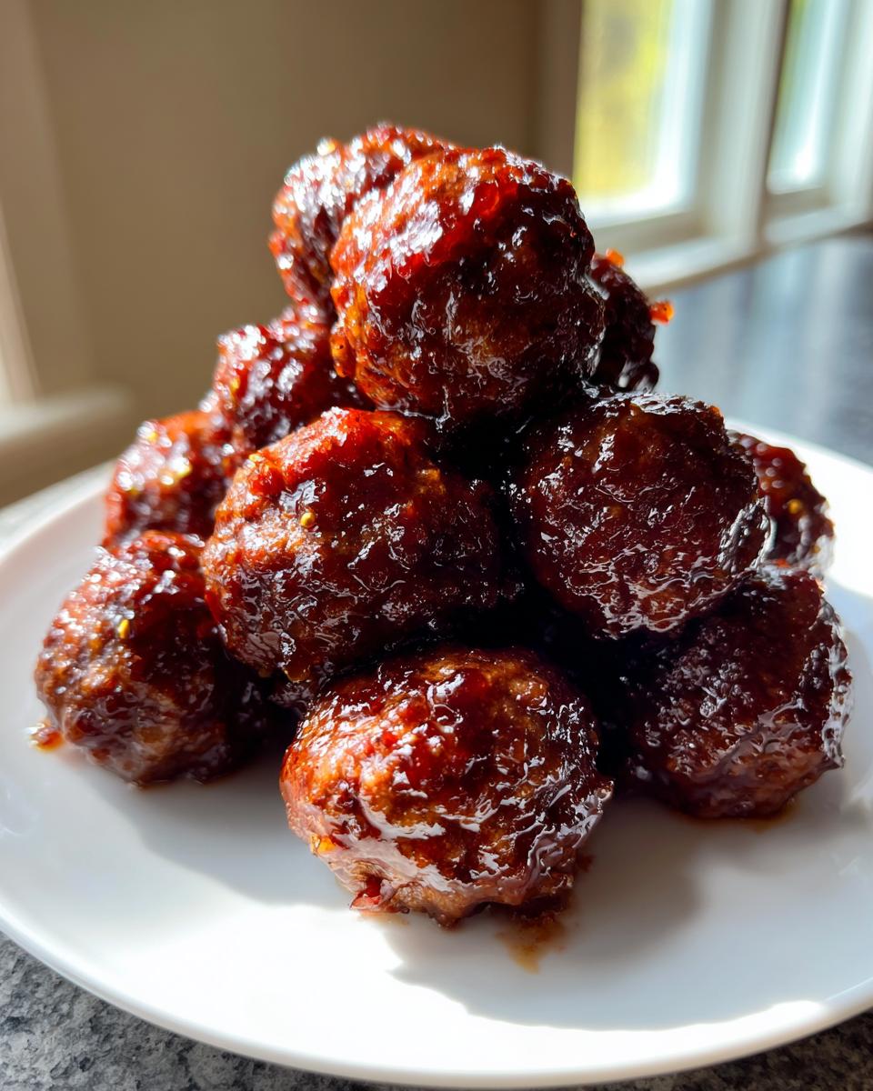 A close-up stack of shiny, glazed grape jelly meatballs piled high on a white serving plate.