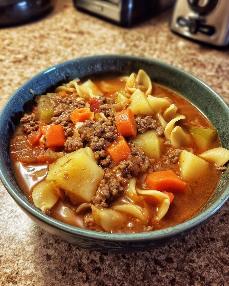 Close-up of a steaming bowl of hamburger soup filled with ground beef, potatoes, carrots, and egg noodles.